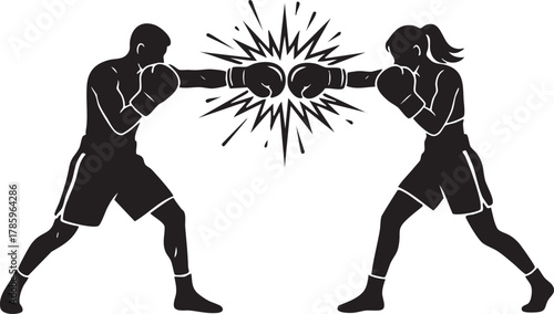 Silhouette of man and woman boxing and touching gloves