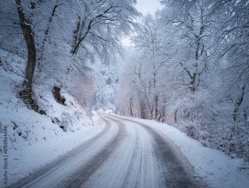 Obraz premium Winding Snowy Road Through Forest Frost Laden Trees Winter Wonderland Scenery