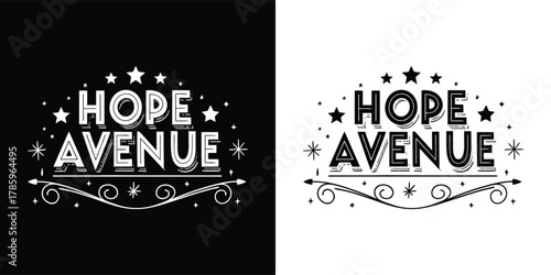 Hope avenue text logo with stars and decorative elements, presented in both black on white and white on black versions