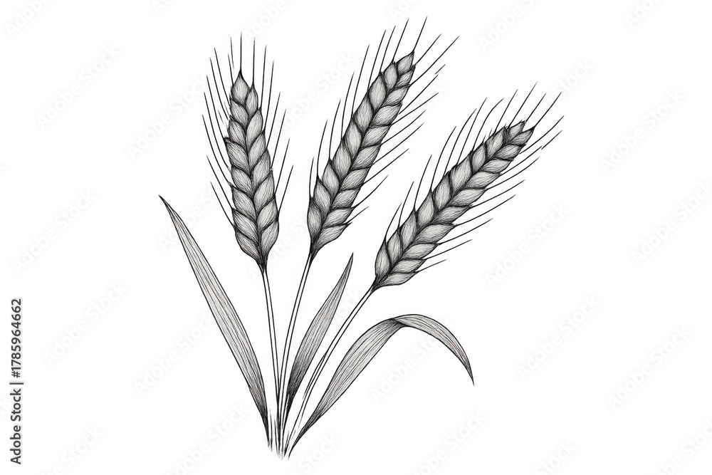 Fototapeta premium Wheat ears drawing with grain stalk plants, representing agriculture, food, and harvest concepts in black and white sketch