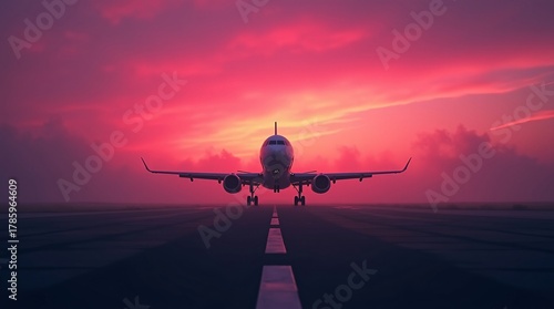 A commercial airplane on a runway at dusk, with a vibrant pink and purple sky in the background.