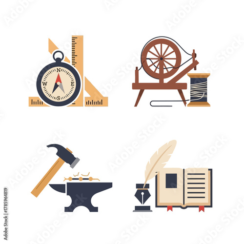 Collection of historical tools and crafts representing different trades and professions.