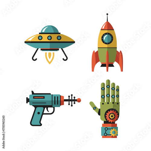 Retro Futuristic Space Exploration Icons - UFO, Rocket, Ray Gun, Robot Hand.