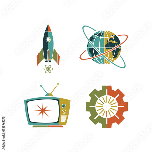 Retro Technology and Communication Icons Set with Rocket Globe Television Gear.