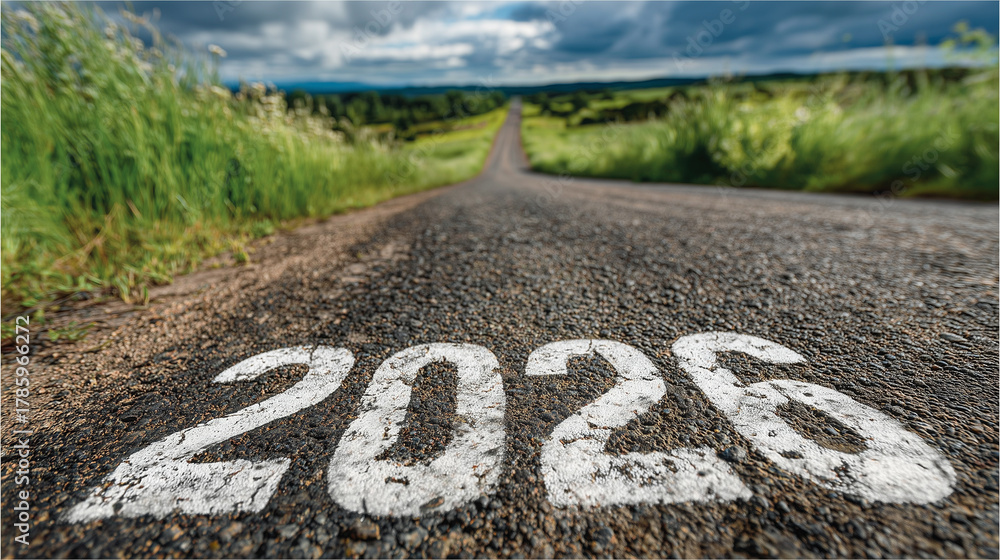 Obraz premium Year 2026 is painted in white on rural asphalt road stretching into distance under cloudy sky, surrounded by green grass and fields, evoking sense of future journey and hope