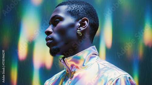 Profile portrait of a young man in a futuristic iridescent jacket. Cyberpunk fashion concept with neon lights and rain.