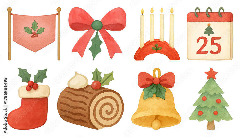 Fototapeta premium PNG Festive Christmas holiday icons collection, element set on transparent background