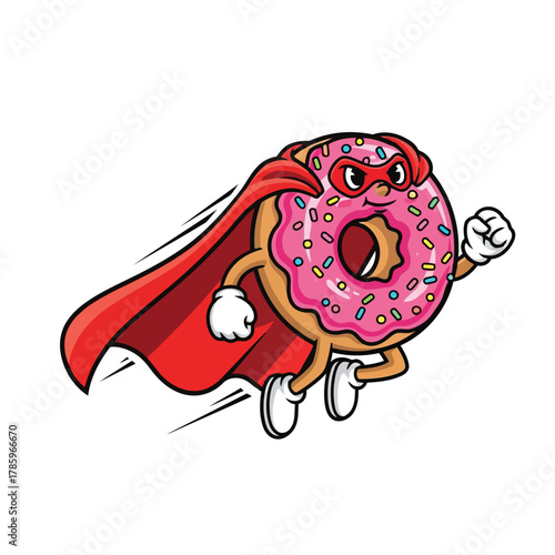A cartoon illustration of a donut superhero flying with a red cape and mask he is ready to save the day with his sweet powers