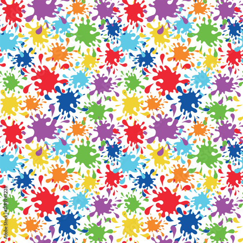 Seamless rainbow color paint splashes pattern. Bright multicolor ink blots texture inspired by rainbow spectrum. Fun abstract background for design, wrapping paper, textile, kids art, and decoration