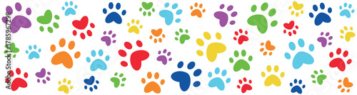 Colorful pet paw prints with bright rainbow colors. Cute animal footprint banner illustration for pet shop, veterinary, grooming, shelter, or playful design decoration