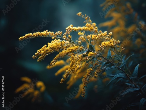Lush Goldenrod Blooms Against Muted Teal Background Serene Botanical Landscape
