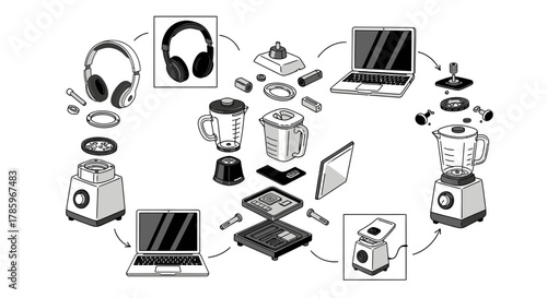 Circular Economy Concept with Disassembled Electronics and Appliances.