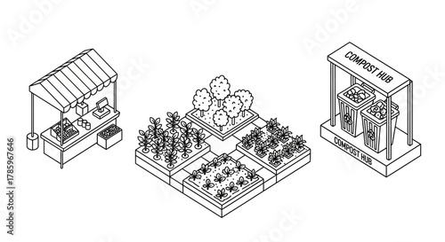 Community garden with market stall and compost hub.
