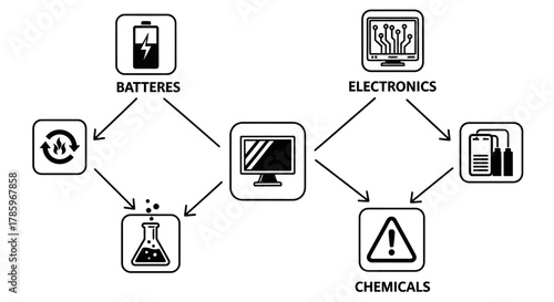 Diagram illustrating the recycling and disposal process of batteries, electronics, and chemicals.