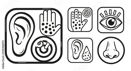 Human Senses Icons - Hearing, Touch, Sight, and Smell.