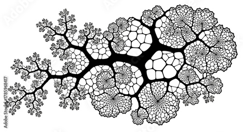 Monochrome abstract illustration of organic fractal growth.