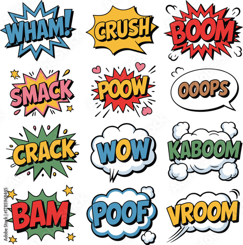 Comic style sound effect illustration, colorful pop art onomatopoeia design, retro cartoon explosion words, dynamic action text, vibrant comic lettering, playful graphic art background