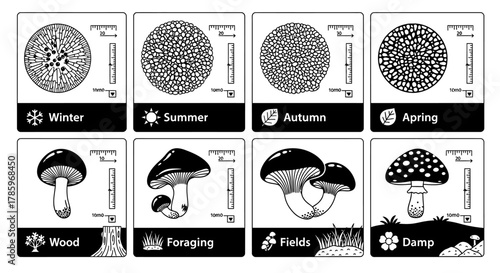 Mushroom Seasons and Habitats Illustrated in Black and White.