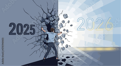 Man breaking through wall from 2025 to 2024, concept of change.
