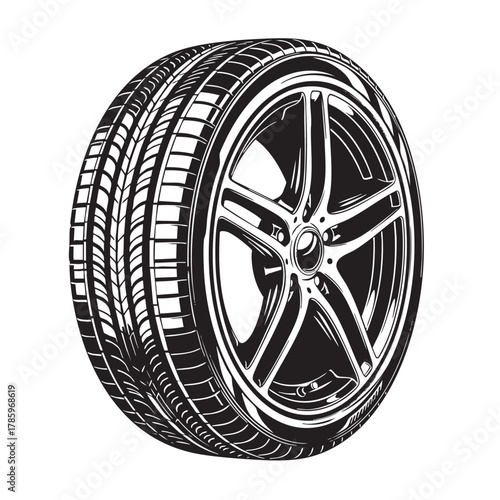 Black and white graphic illustration of a car tire and rim on a white background wheel tire tread