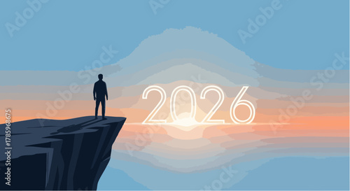 Man standing on cliff edge looking towards the future year 2026.