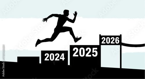 Man leaping over steps representing years, achieving goals and success in the future.