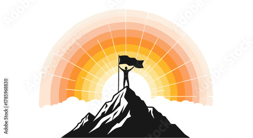 Man on mountain top holding flag, achieving success and victory.