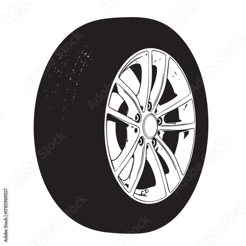 Black and white illustration of a car tire and alloy wheel with textured surface car wheel