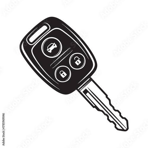Black and white illustration of a car key with lock unlock and car icons key fob automobile