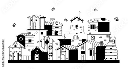 Beehive Village - A Whimsical Illustration of Honeycomb Homes.