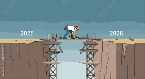 Construction worker building a bridge between the years 2025 and 2028.