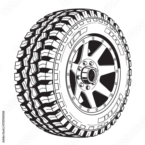 Black and white illustration of a rugged off road tire and rim with detailed tread pattern wheel