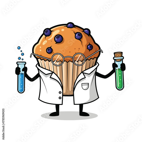 A cartoon blueberry muffin scientist wearing glasses and a lab coat, holding test tubes with blue and green liquids