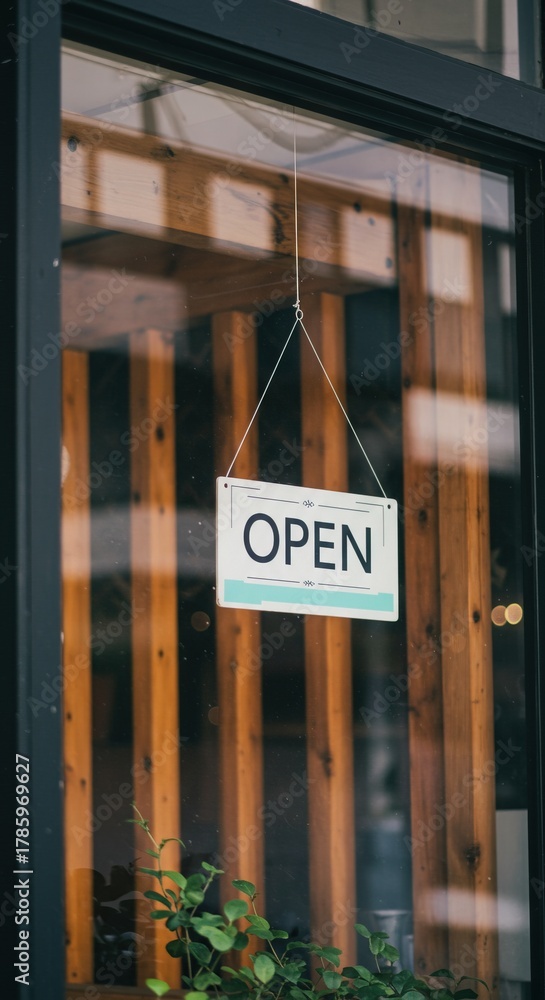 Naklejka premium Business is open A bright sign hanging in a shop window welcoming customers