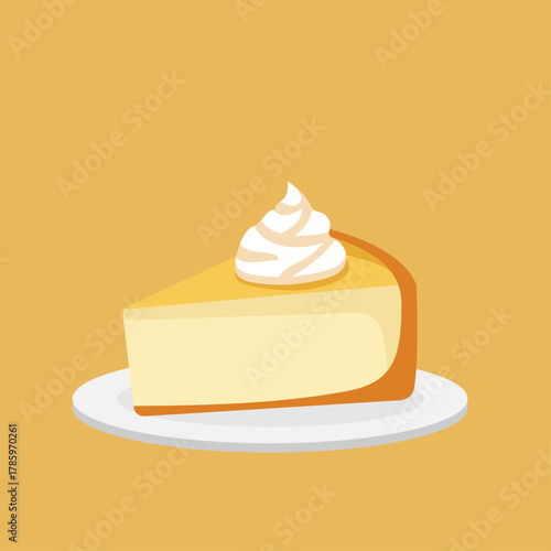 Cheesecake appetizing product on a plate on a yellow background ploksi vector illustration