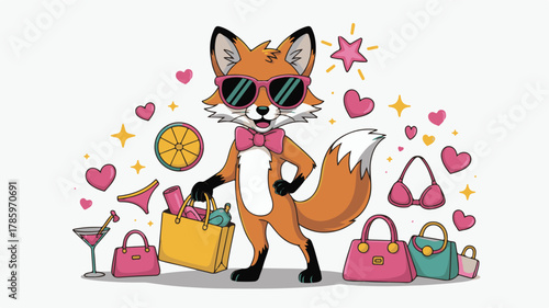 Cartoon Fox in Sunglasses Holding Shopping Bag Surrounded by Fashion Items vector illustration