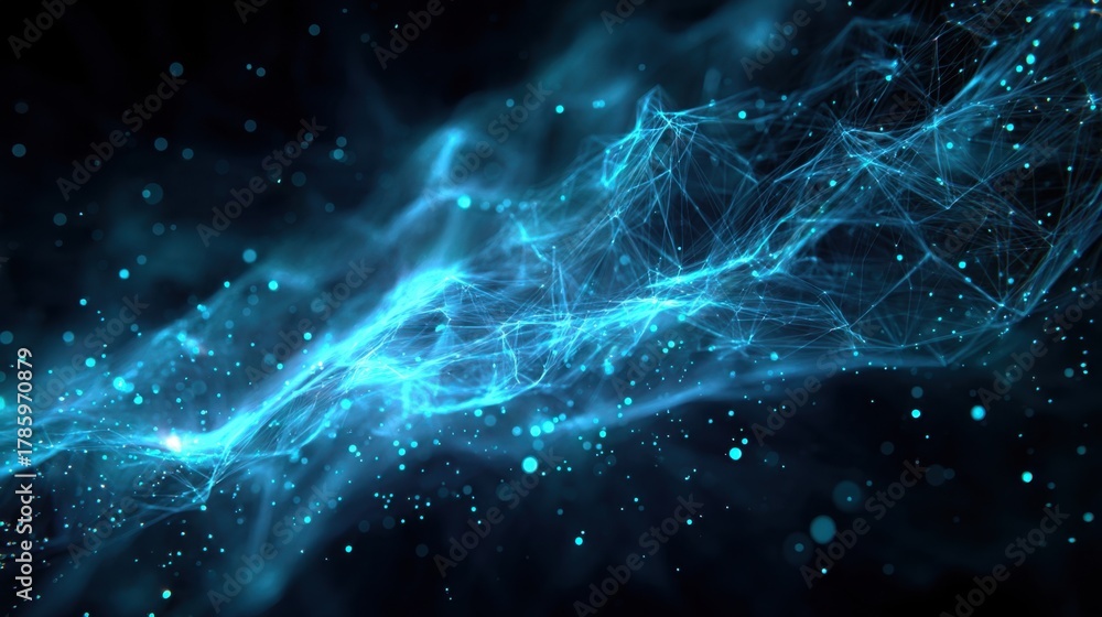 Fototapeta premium Ethereal Blue Light Wave with Abstract Particles and Cosmic Energy Flow Against Dark Background for Creative and Scientific Visuals