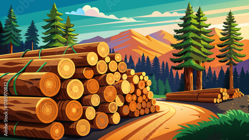 Very beautiful view of stacked cut logs piled high in the Chippewa National Forest, northern Minnesota, USA, ready for transport to a pulp paper mill, featuring detailed wood textures, forest surround