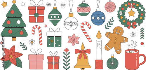 Christmas elements collection with tree gifts ornaments and gingerbread man