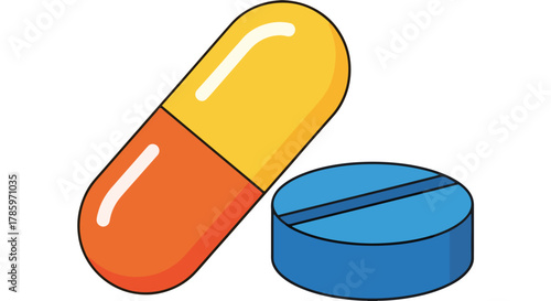Colorful Capsule and Blue Tablet with Line Detail Isolated on White Background, Healthcare Medication Symbol