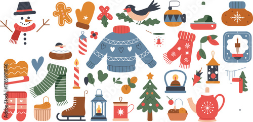 Christmas winter objects and elements flat design snowman