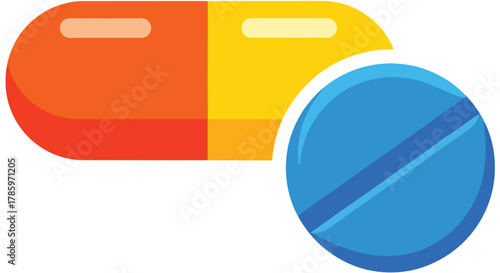 Colorful medical capsule and round pill icon graphic with a modern flat design style and clean white background