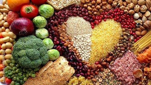 Colorful arrangement of various healthy foods like vegetables, grains, nuts, and legumes