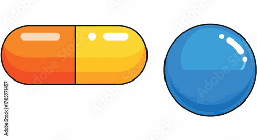 Illustrated cartoon capsule pill orange and yellow halves next to a round blue medicine ball, isolated on white