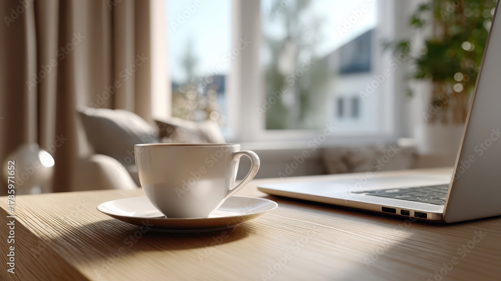 Obraz premium A white cup on a saucer sits on a wooden table next to a laptop. Sunlight filters through a window, casting soft light on a plush armchair and plant in a cozy living room scene