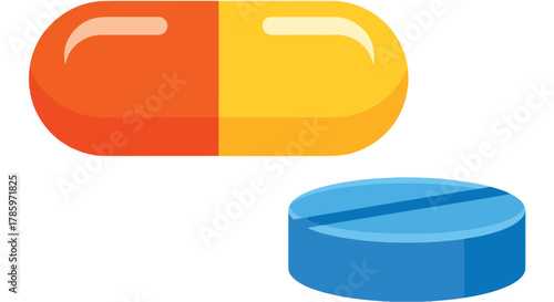 Isolated orange and yellow capsule pill alongside a blue round tablet with a dividing line, vector graphic