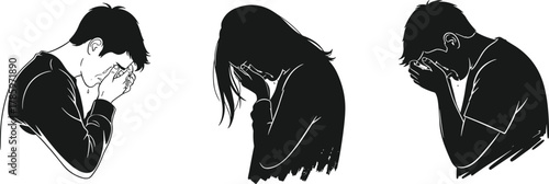Sad silhouette, emotional distress, grief pose, mental health concept, depression illustration, sorrowful figure, anxiety, despair, expressive artwork, pain