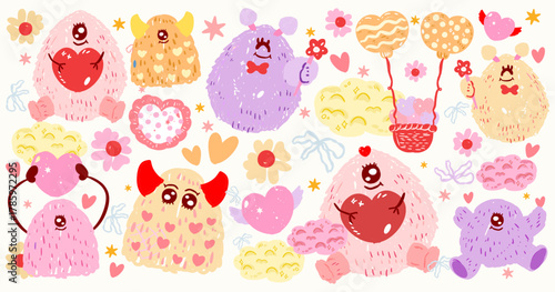 Kawaii Cartoon Monsters Vector, Adorable Hand-Drawn Cartoon Monster Characters,Halloween Monster Cartoon Clipart, vector doodle hand drawn spooky kids creature,Cute monster sketch