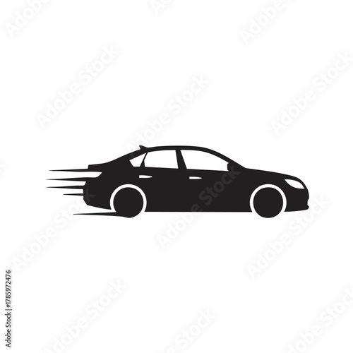 Black silhouette of a sedan car with motion blur lines indicating speed white background