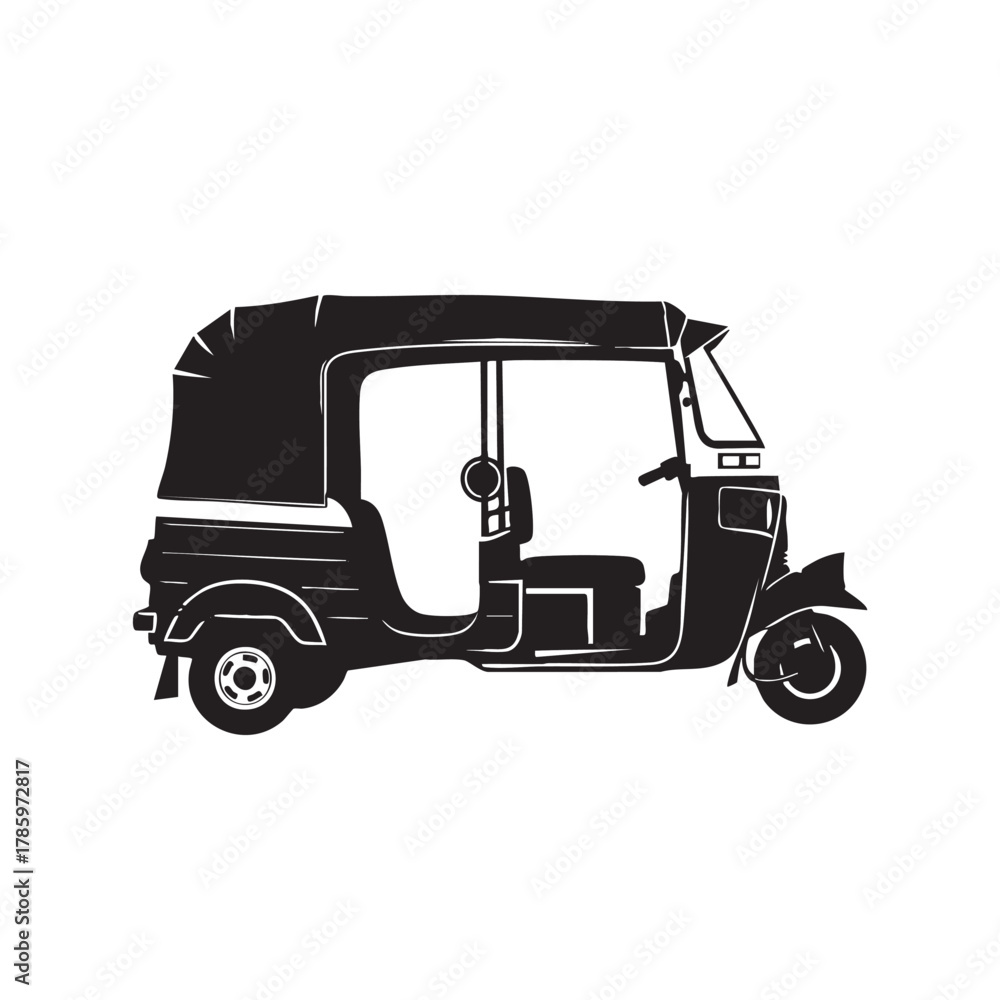 Obraz premium Black silhouette of a three-wheeled auto rickshaw with a covered roof and open passenger area